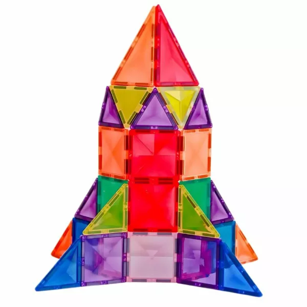 A colorful rocket ship built from magnetic tiles in various shapes and bright colors, including red, blue, green, yellow, orange, and purple.