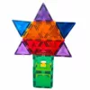 A colorful star built from magnetic tiles in various shapes and bright colors, including red, blue, green, yellow, orange, and purple.
