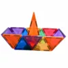 A colorful boat built from magnetic tiles in various shapes and bright colors, including red, blue, green, yellow, orange, and purple.