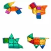 Different animal-like constructions made from colorful magnetic tiles, including figures resembling dinosaurs, dogs, and other creatures.
