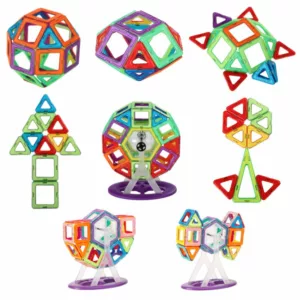 Various colorful 3D shapes and structures made with magnetic tiles, including spheres, towers, and Ferris wheel-style builds.