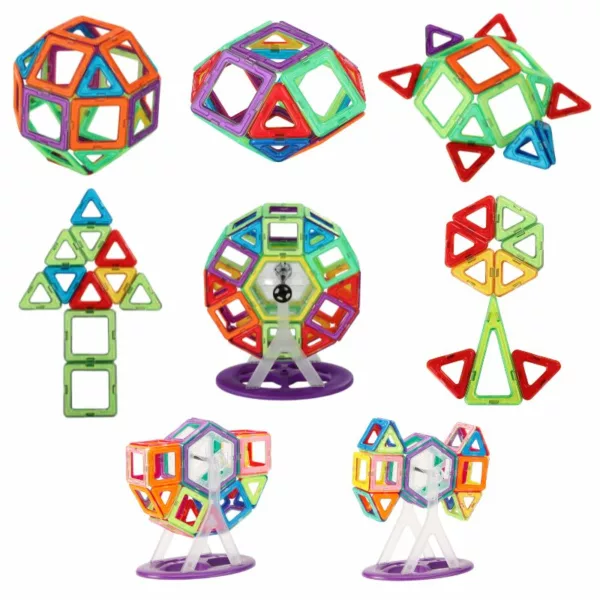 Various colorful 3D shapes and structures made with magnetic tiles, including spheres, towers, and Ferris wheel-style builds.