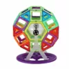 Colorful 3D wheel-style structure made with magnetic tiles.