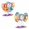Two colorful 3D shapes and structures made with magnetic tiles.