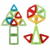 Two colorful 3D shapes and structures made with magnetic tiles, including towers.