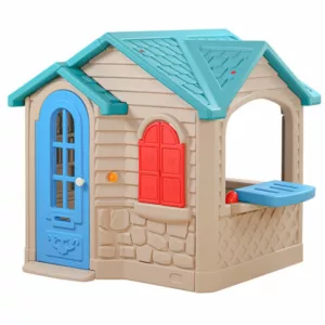 Plastic children’s playhouse with a blue arched door, red window shutters, and a blue roof, designed for indoor or outdoor pretend play