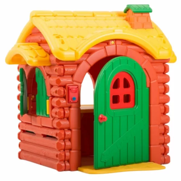 Plastic log-style playhouse with a yellow roof, slightly open green arched door and green shutters, and red details designed for children’s imaginative play