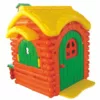 Plastic log-style playhouse with a yellow roof, green arched door, green shutters, and red details designed for children’s imaginative play (side view)