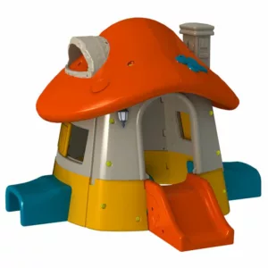 Mushroom-shaped children’s playhouse with a red roof, slide, tunnels, and colorful details, ideal for imaginative play indoors or outdoors
