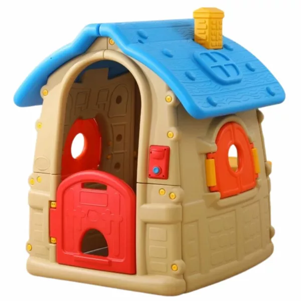 Plastic playhouse for kids featuring a bright blue roof with chimney, beige walls, a red door, and round red windows for imaginative play.