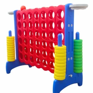 A large, colorful 3-in-1 outdoor game set featuring a giant 4-in-a-row board, a small basketball hoop, and ring toss pegs.