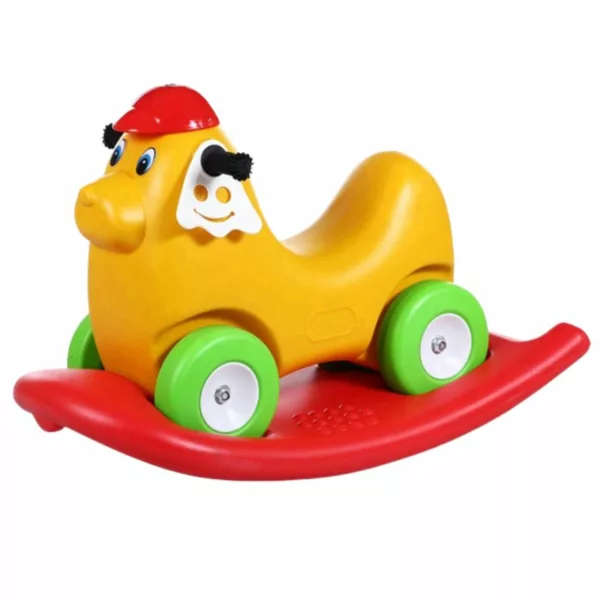 Colorful plastic rocking toy shaped like a dog with a red cap, green wheels, and a detachable red rocking base for toddlers.
