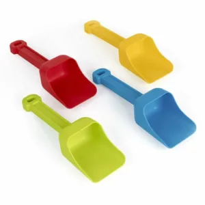 A set of four colorful plastic scoops for children's play, in red, yellow, green, and blue, arranged on a white background.