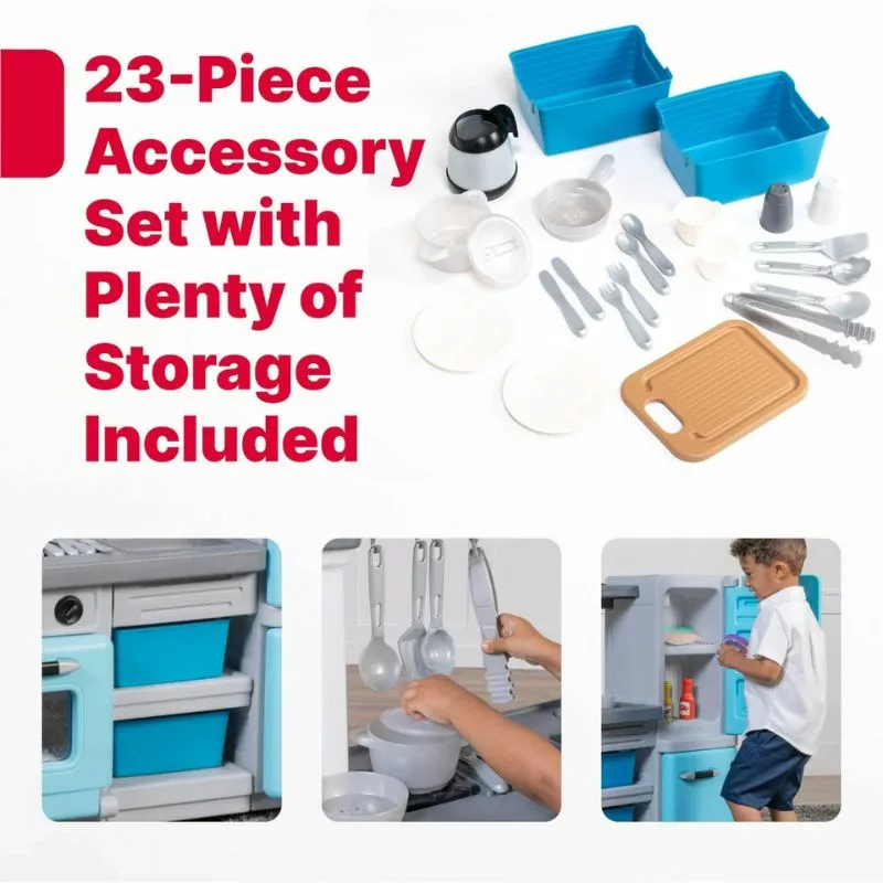 Image showing a 23-piece kids’ kitchen accessory set with utensils, dishes, and storage bins, plus pictures of a child playing with a toy kitchen.
