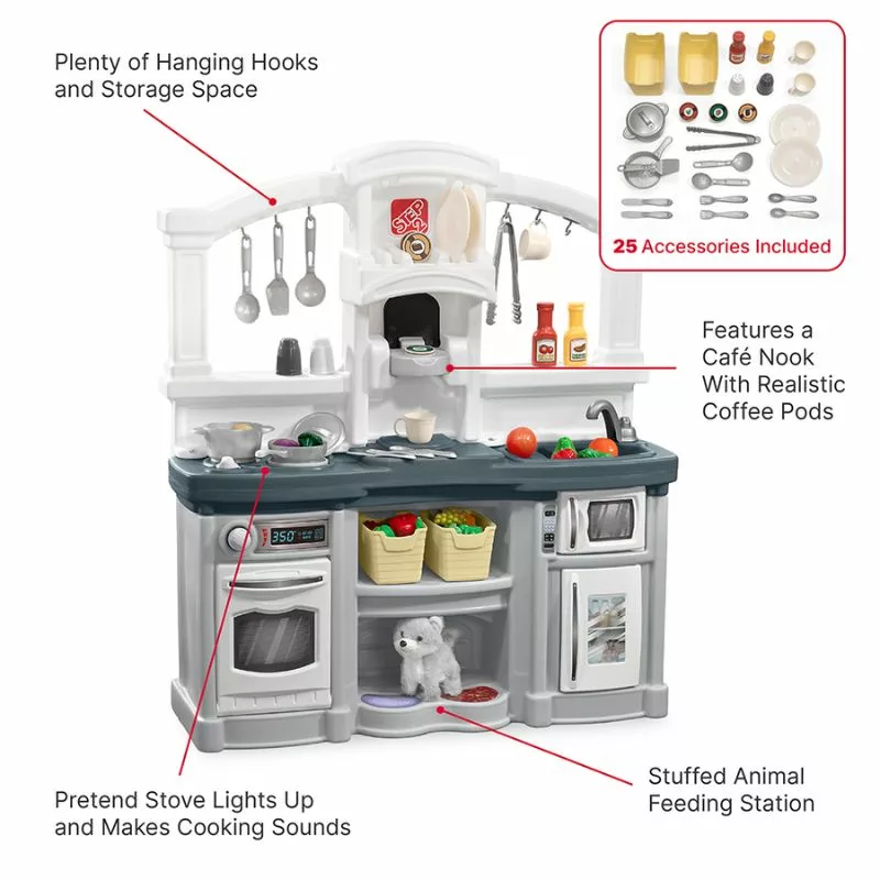 A Step2 Fun with Friends Kids Kitchen playset, which is a gray and white toy kitchen featuring a stove that lights up and makes sounds, a cafe nook with coffee pods, and a feeding station for a stuffed animal. The image highlights that the set includes 25 accessories, such as pots, pans, and utensils, and has plenty of hanging hooks and storage space.