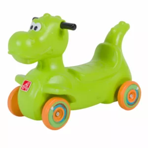 A green, dinosaur-shaped ride-on toy from Step2 with orange wheels. The toy, called "Dino Dash," is designed for toddlers to use indoors or outdoors.