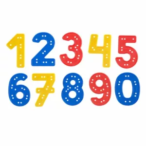 A set of colorful plastic numbers from 1 to 0, with small holes for lacing. The numbers 1, 4, 6, and 7 are yellow; 2, 8, and 0 are blue; and 3, 5, and 9 are red. The numbers are arranged in two rows: 12345 on the top and 67890 on the bottom.