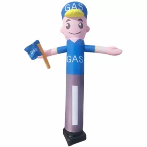 A blue and purple inflatable tube man (air dancer) advertising "GAS", holding a small flag. Used for outdoor business promotion.