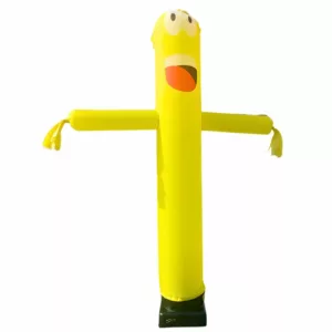 A bright yellow inflatable tube man with a face and flailing arms stands upright on a dark base against a white background.