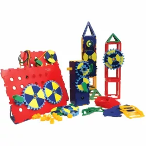 A colorful construction toy set, the Junior Engineer Magic Gears Set, featuring various interconnected gears and building pieces assembled into several different mechanical structures.