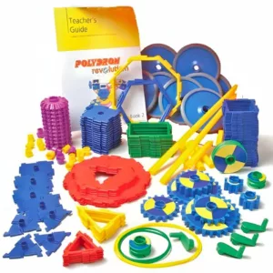 A colorful Polydron Revolution Machine Builder Set with various plastic building pieces including blue, yellow, red, and green gears, wheels, and structural parts, plus a "Teacher's Guide" booklet.