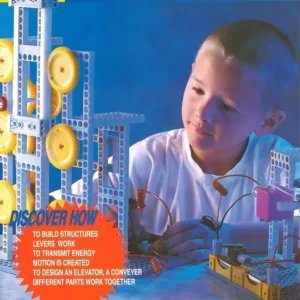 Child playing with a STEM building set featuring gears, connectors, and structures, learning how motion, energy, and mechanical parts work together.