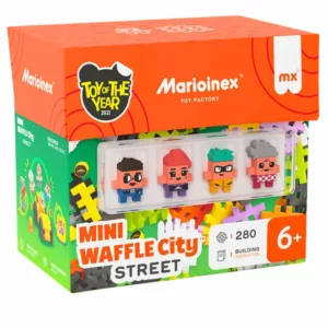 A bright orange and green box for the Marioinex Mini Waffle City Street building set, featuring 280 pieces, 4 character figurines, and "Toy of the Year 2021" branding.