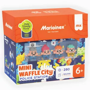 A box for the Marioinex Mini Waffle City Police Station building block set, showing the 280-piece count, four figures, and the recommended age of 6+.