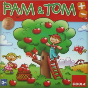 Colorful children's game box titled "PAM & TOM." The illustration shows two children picking red apples from a large apple tree, with one child on a ladder and the other holding an apple beside a basket full of apples. A squirrel sits on a tree branch, a red bird flies nearby, and mountains, clouds, and a small farmhouse appear in the background.