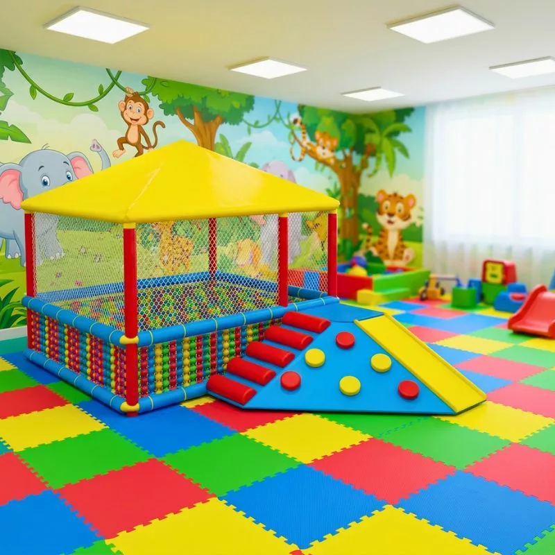 Colorful children’s indoor soft play structure with a ball pit, climbing steps, padded obstacles, and yellow slide under a yellow canopy in a kids playroom