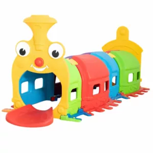 Colorful plastic train-themed playground with a yellow locomotive, connected red, blue, and green play cars, and a front entrance.